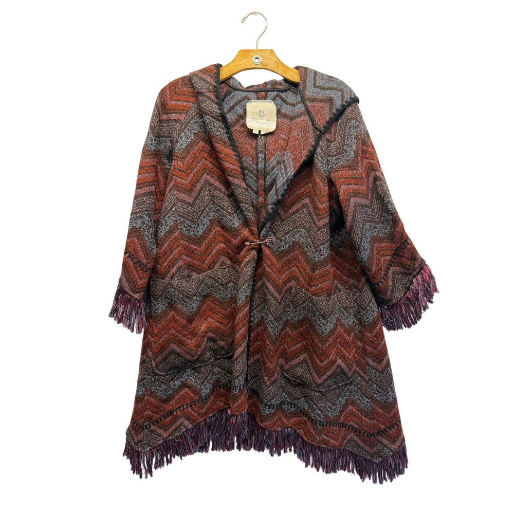 Hei Hei Anthropologie Chevron Hooded Fringe Cardigan Coat Rust Blue XS/S Boho